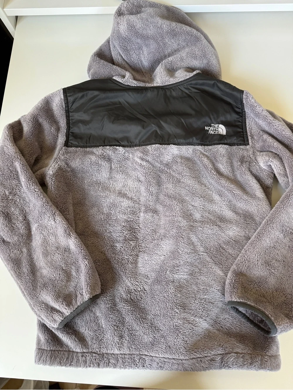 The North Face Kids Gray Hooded Plush Puffer Jacket with Black Yoke